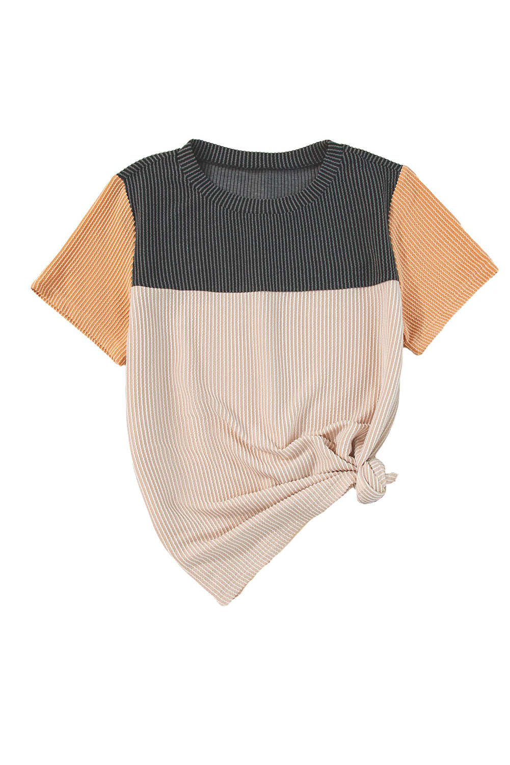 Black Rib Textured Colorblock Round Neck T Shirt