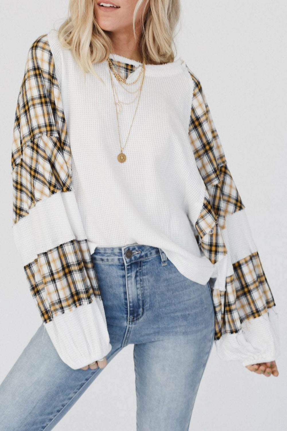 Green Plaid Patch Waffle Knit Long Sleeve Top