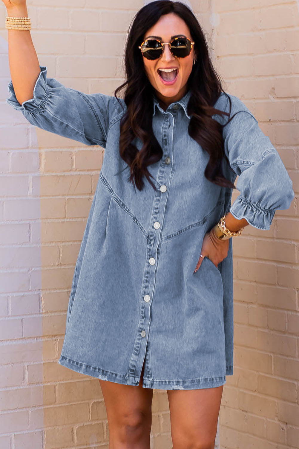 Gray Casual Buttoned Ruffle Cuffs Denim Short Dress