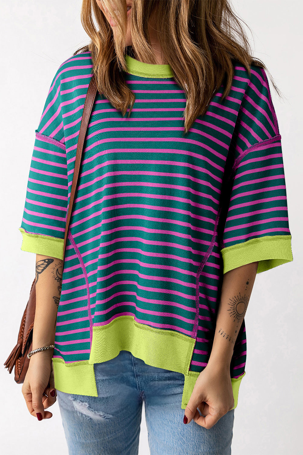 Pink Stripe Colorblock Drop Sleeve Loose Top