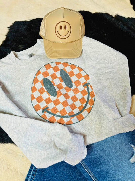 Checker Happy Face Crew Neck Sweatshirt