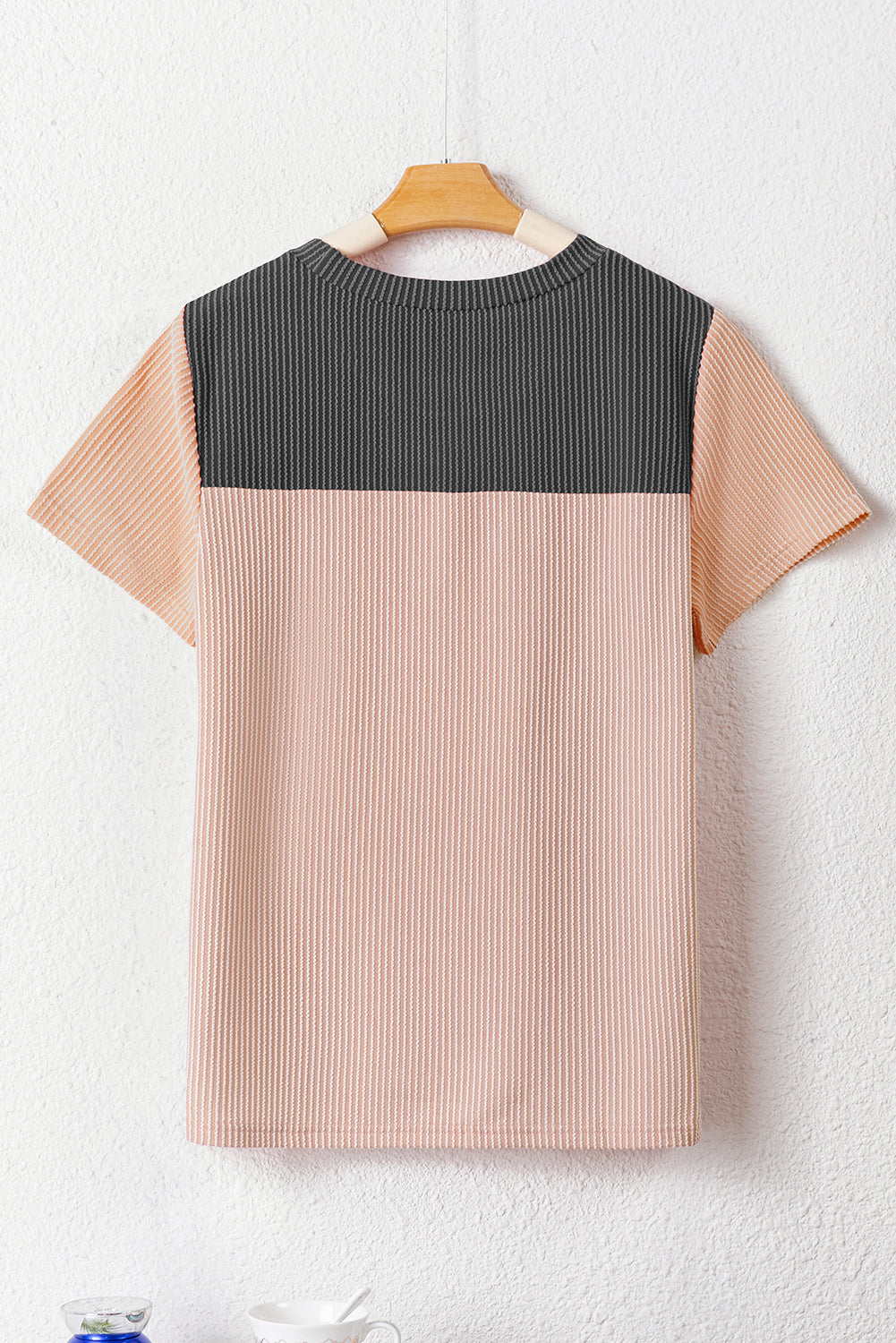 Black Rib Textured Colorblock Round Neck T Shirt