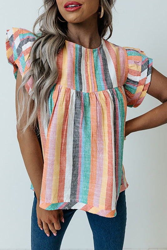 Multicolor Striped Back Button Keyhole Layered Sleeve Blouse