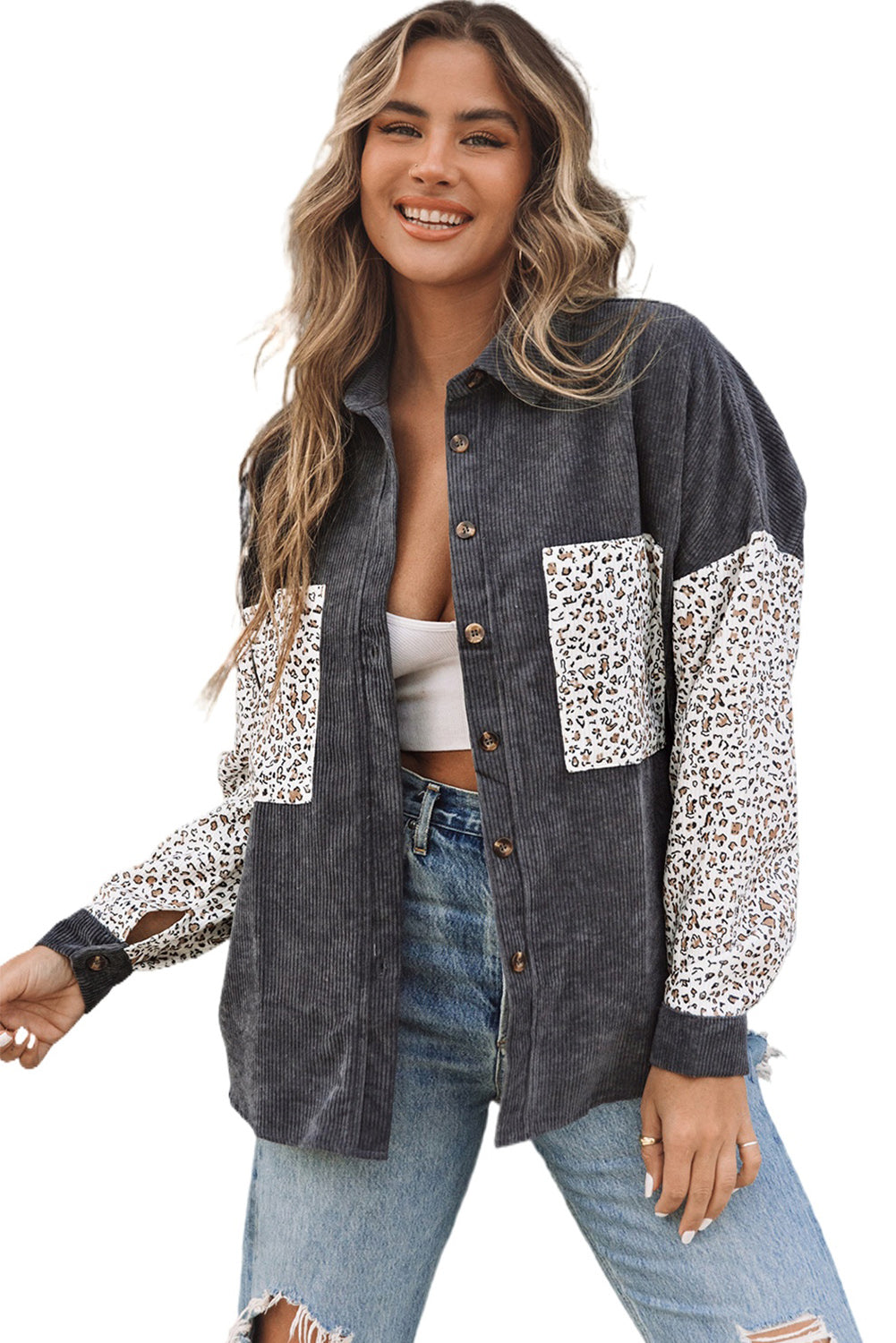 Grey Leopard Patchwork Casual Buttoned Corduroy Shirt Shacket