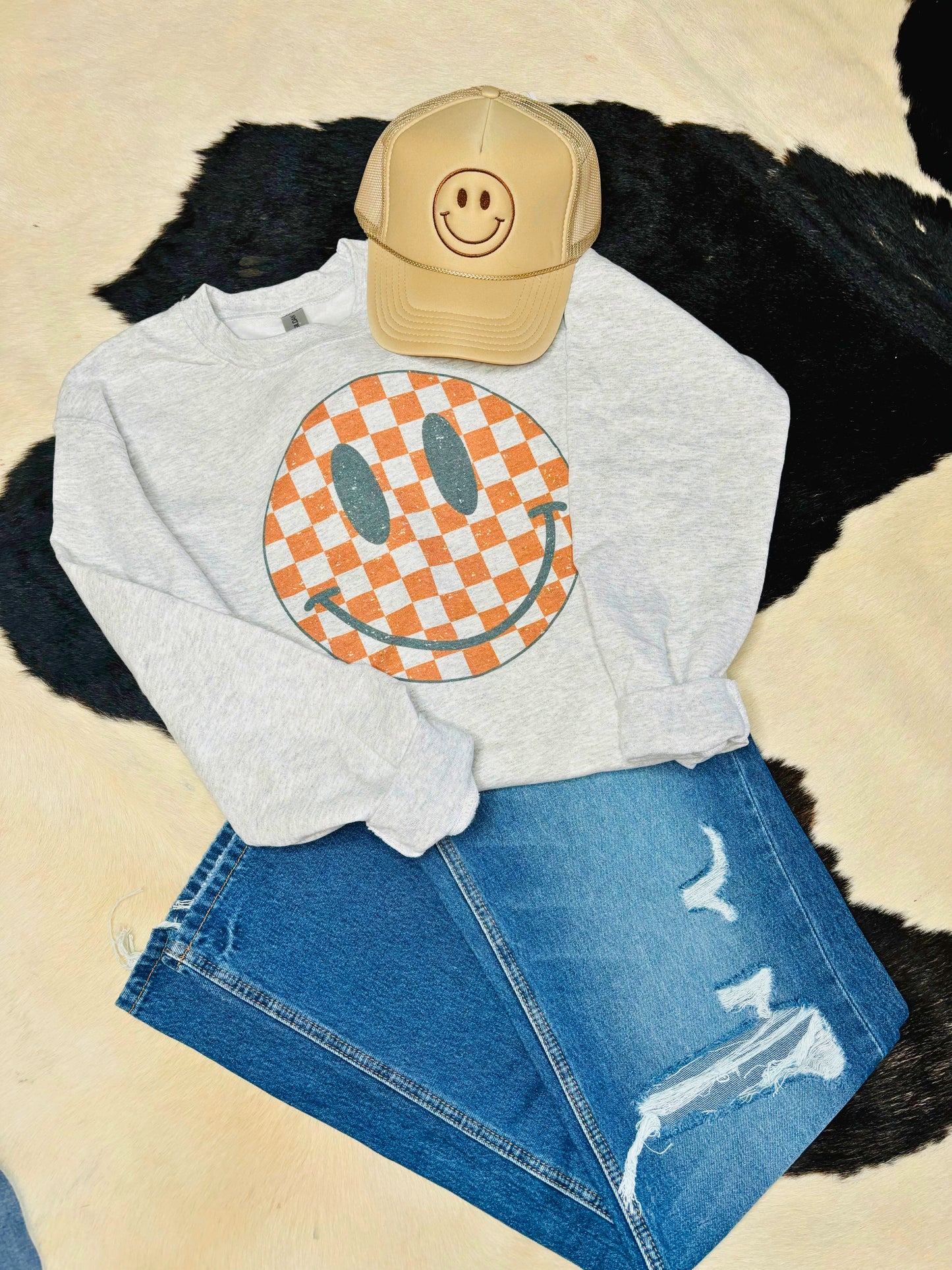 Checker Happy Face Crew Neck Sweatshirt