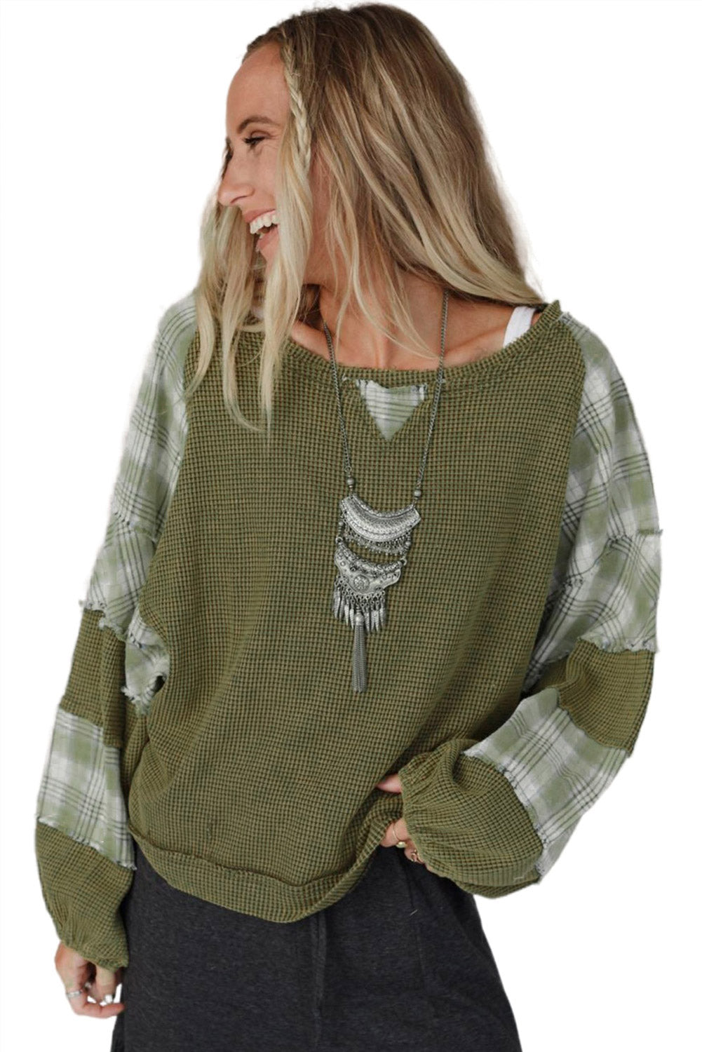 Green Plaid Patch Waffle Knit Long Sleeve Top