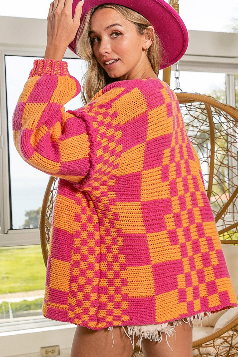 Dark Grey Colorblock Checked Loose Fit Open Front Knitted Cardigan