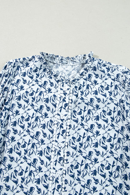 Khaki Printed Floral Print Lace Detail Puff Sleeve Shirt