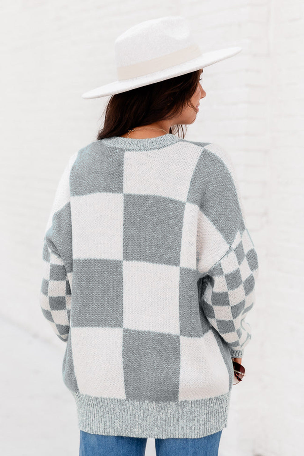 Grey Plaid Knitted Drop Shoulder Loose Fit Sweater