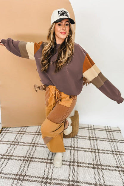 Dark Khaki Colorblock Drop Shoulder Pullover Casual Sweatshirt