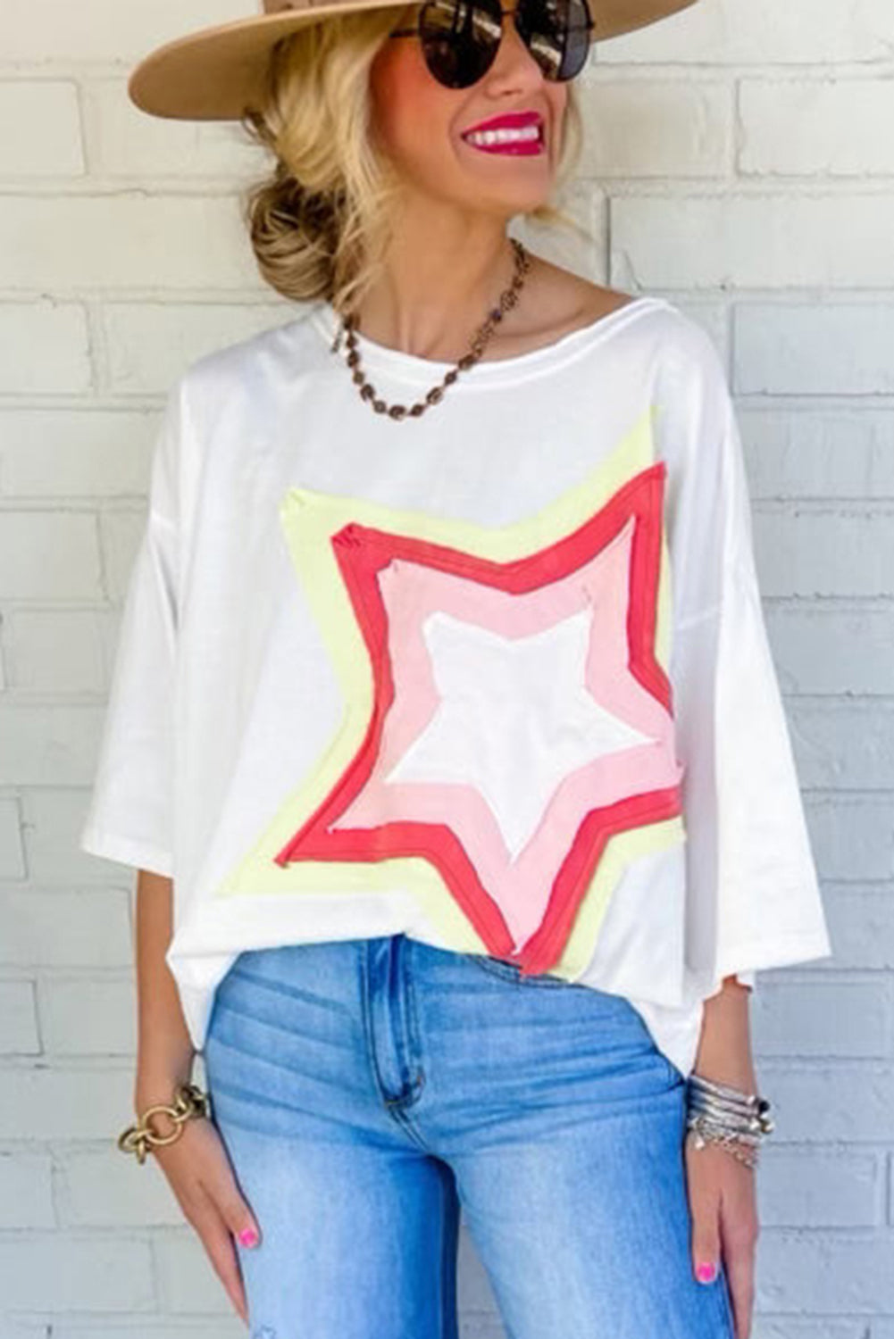 Light Pink Colorblock Star Patched Half Sleeve Oversized Tee