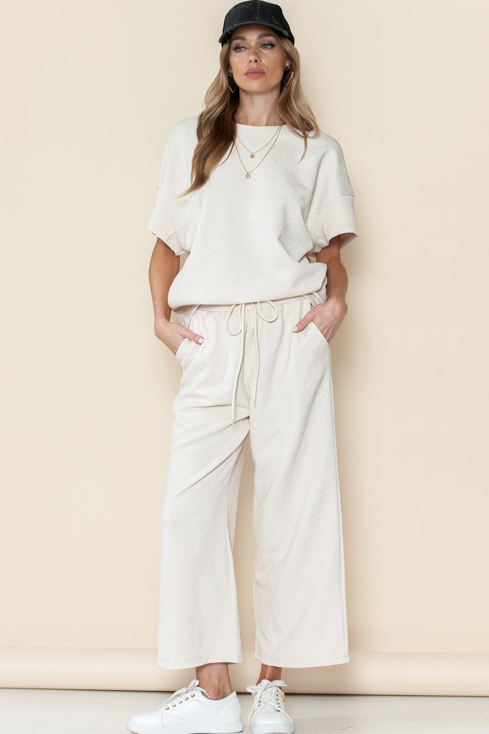 Apricot Textured Loose Fit T Shirt and Drawstring Pants Set