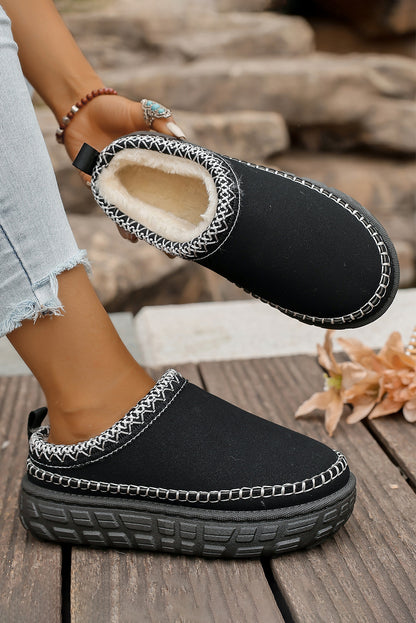 White Contrast Stitch Detail Plush Winter Clog Slippers
