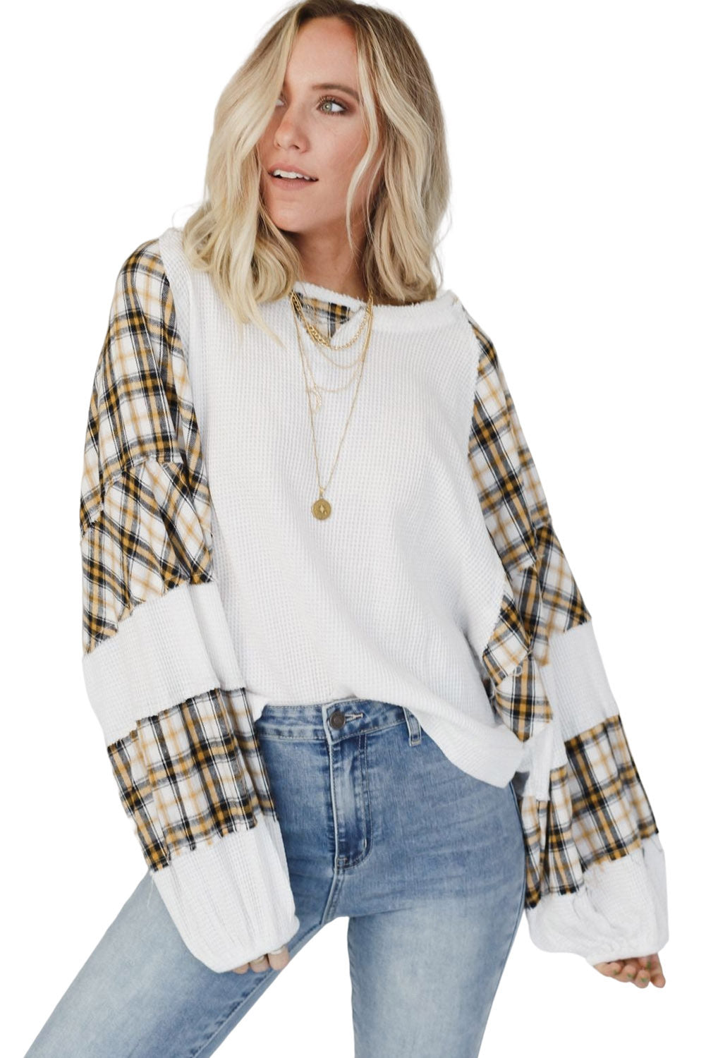 Green Plaid Patch Waffle Knit Long Sleeve Top