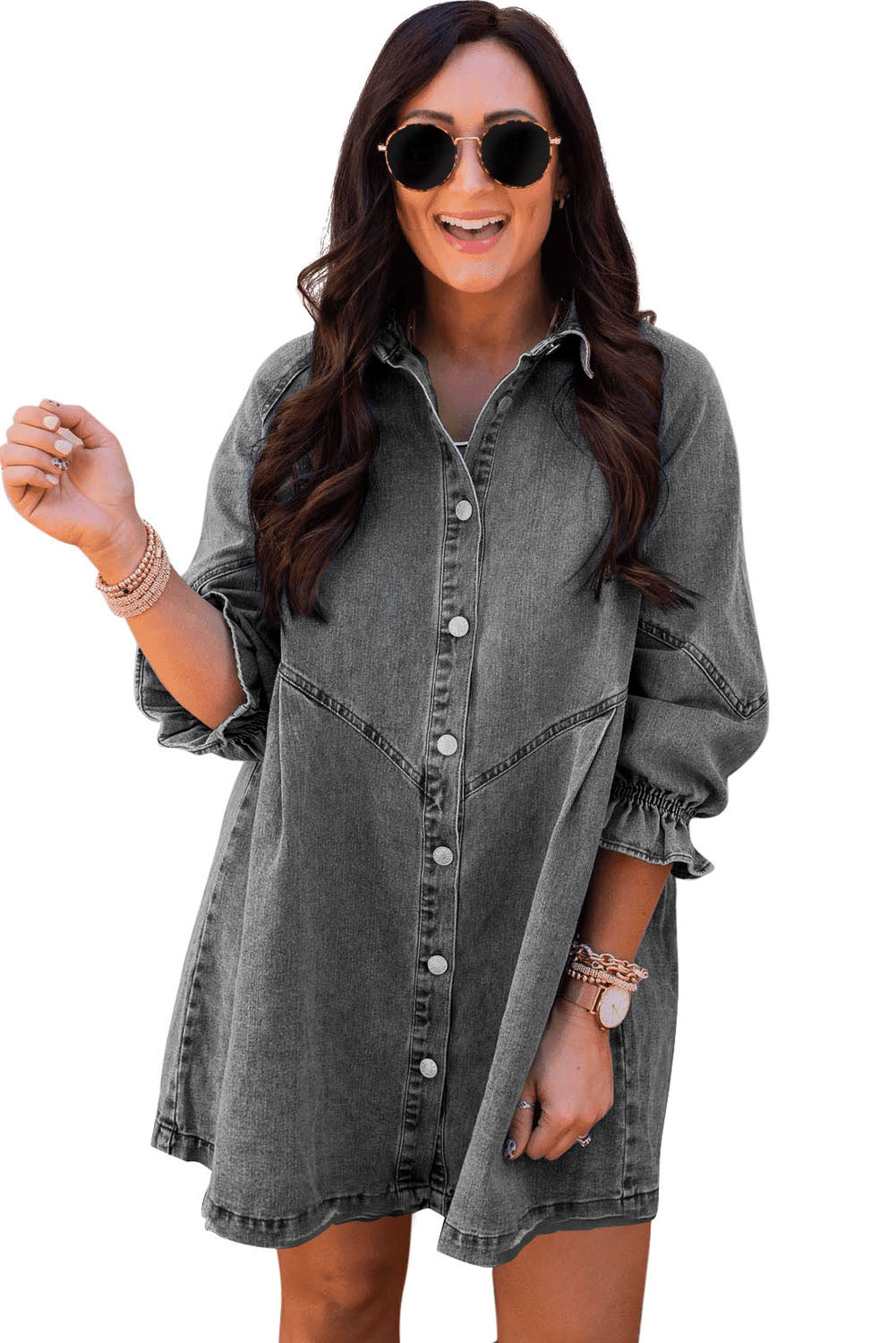 Gray Casual Buttoned Ruffle Cuffs Denim Short Dress