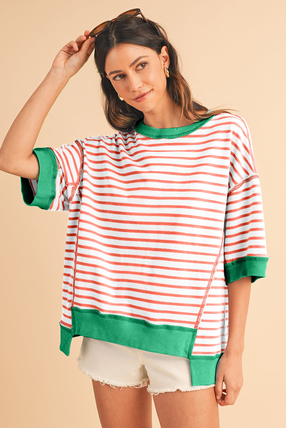 Pink Stripe Colorblock Drop Sleeve Loose Top