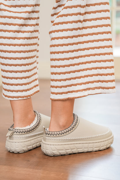 White Contrast Stitch Detail Plush Winter Clog Slippers