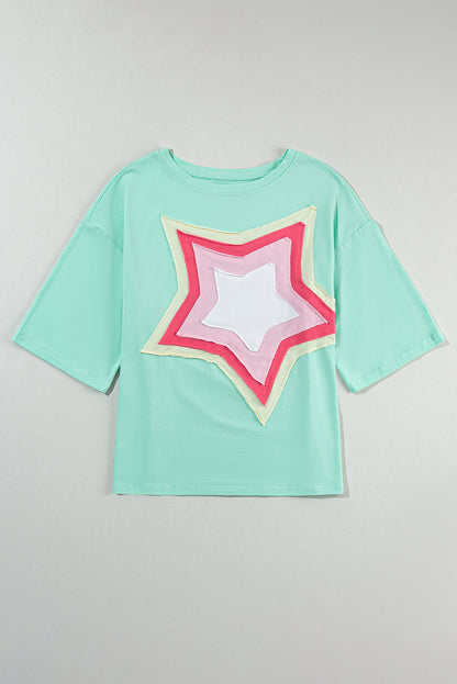 Light Pink Colorblock Star Patched Half Sleeve Oversized Tee