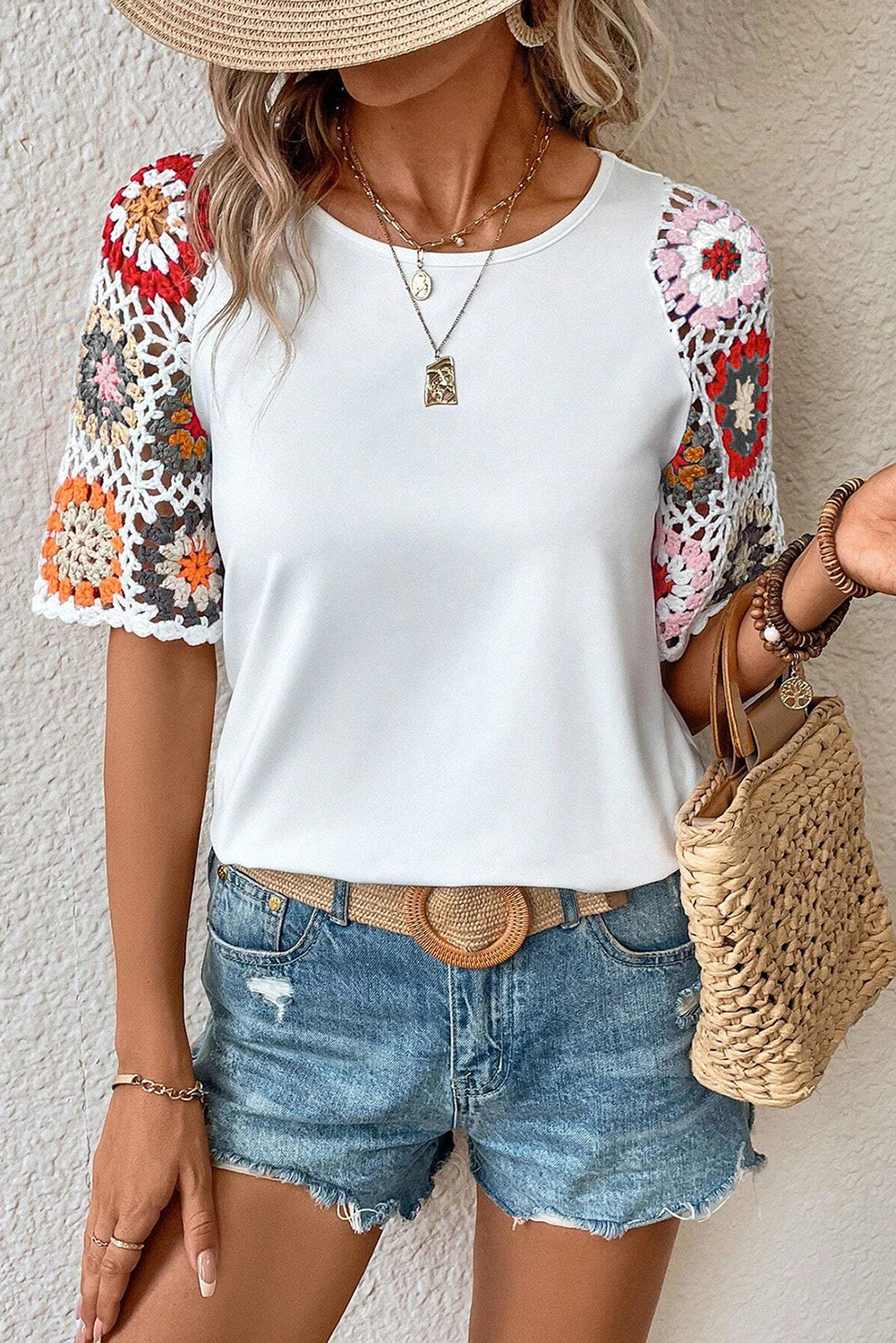 White Floral Hollowed Crochet Sleeve Boho Blouse