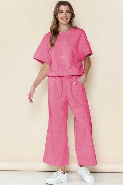 Apricot Textured Loose Fit T Shirt and Drawstring Pants Set