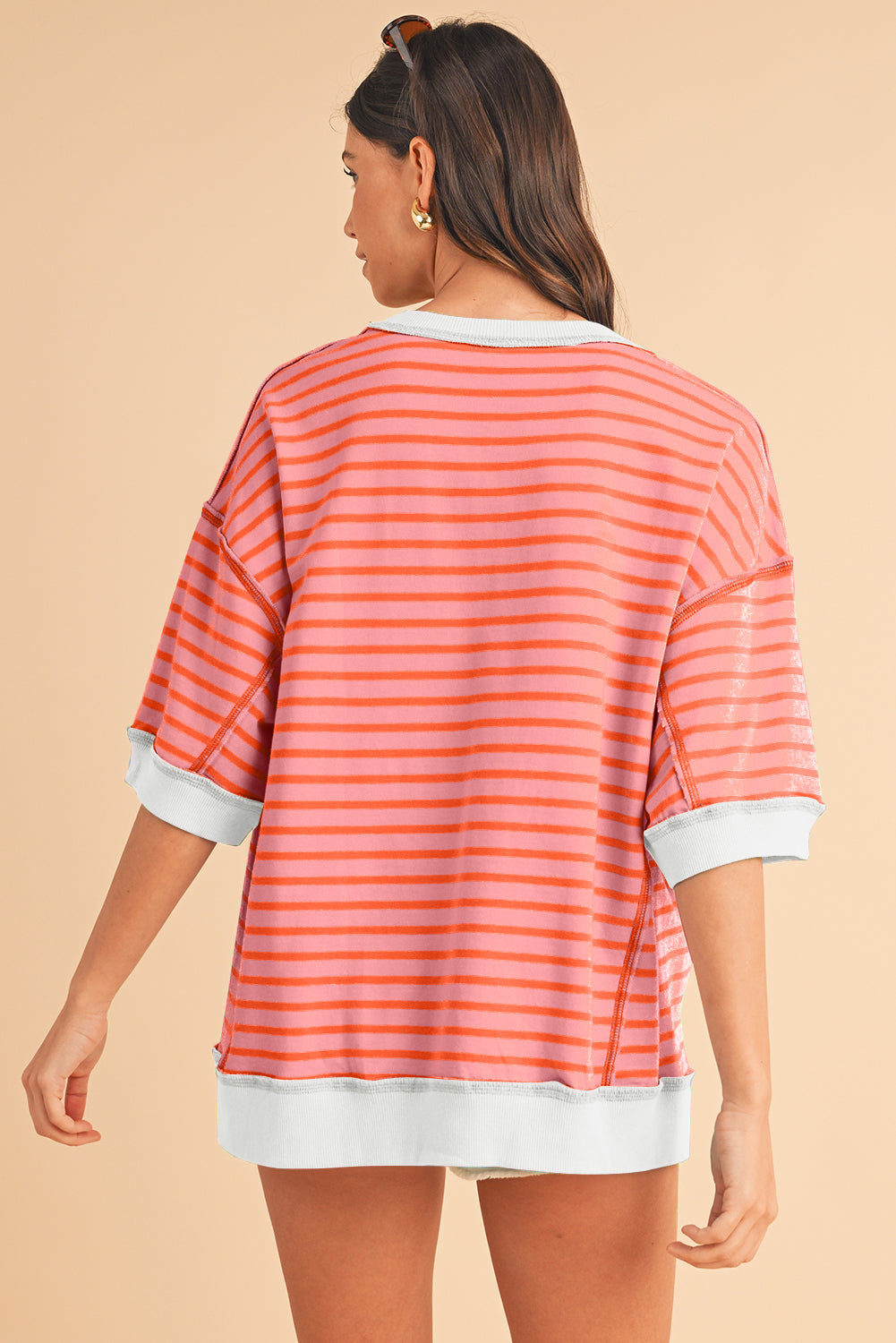 Pink Stripe Colorblock Drop Sleeve Loose Top