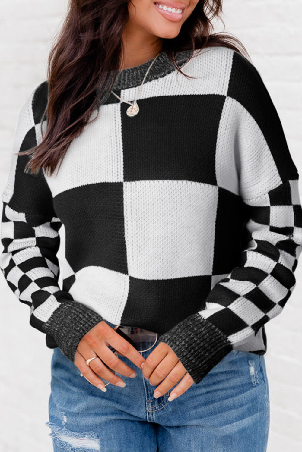 Grey Plaid Knitted Drop Shoulder Loose Fit Sweater