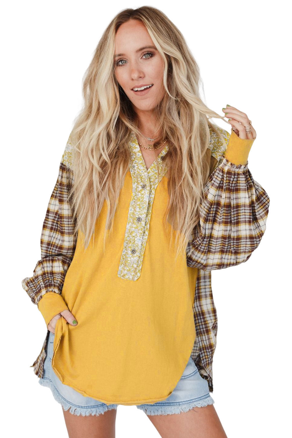 Yellow Floral Plaid Mixed Print Bishop Sleeve Patchwork Top