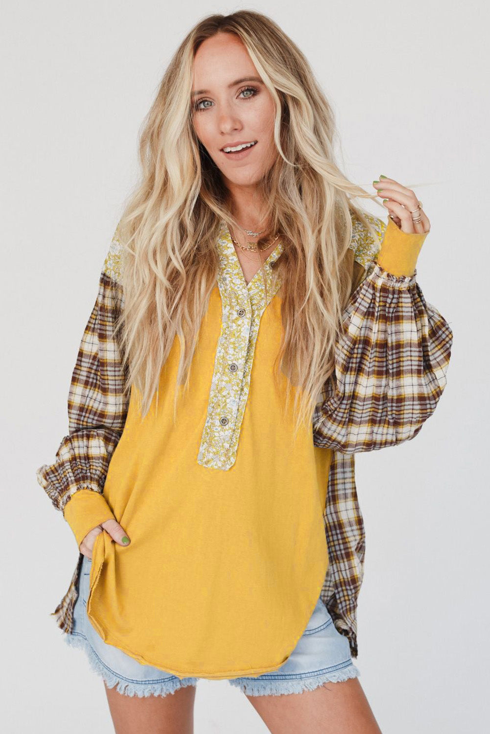 Yellow Floral Plaid Mixed Print Bishop Sleeve Patchwork Top