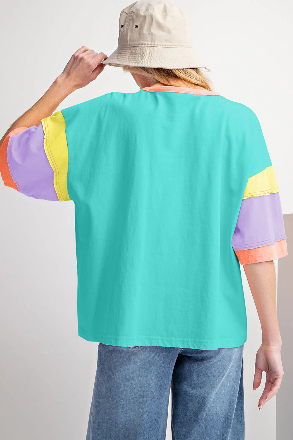 Pink Color Block Sleeve Round Neck Oversize Top