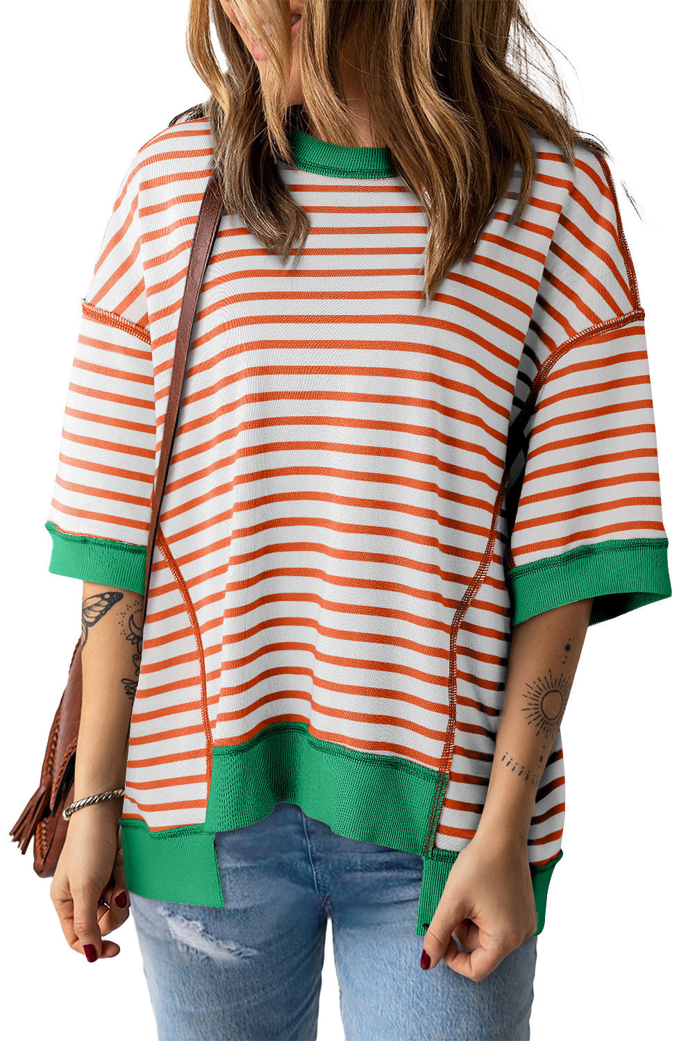 Pink Stripe Colorblock Drop Sleeve Loose Top