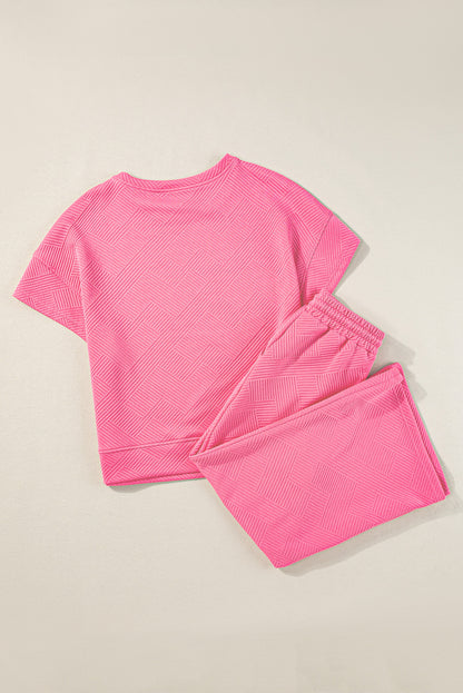 Apricot Textured Loose Fit T Shirt and Drawstring Pants Set