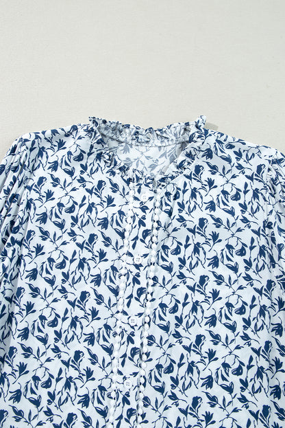 Khaki Printed Floral Print Lace Detail Puff Sleeve Shirt