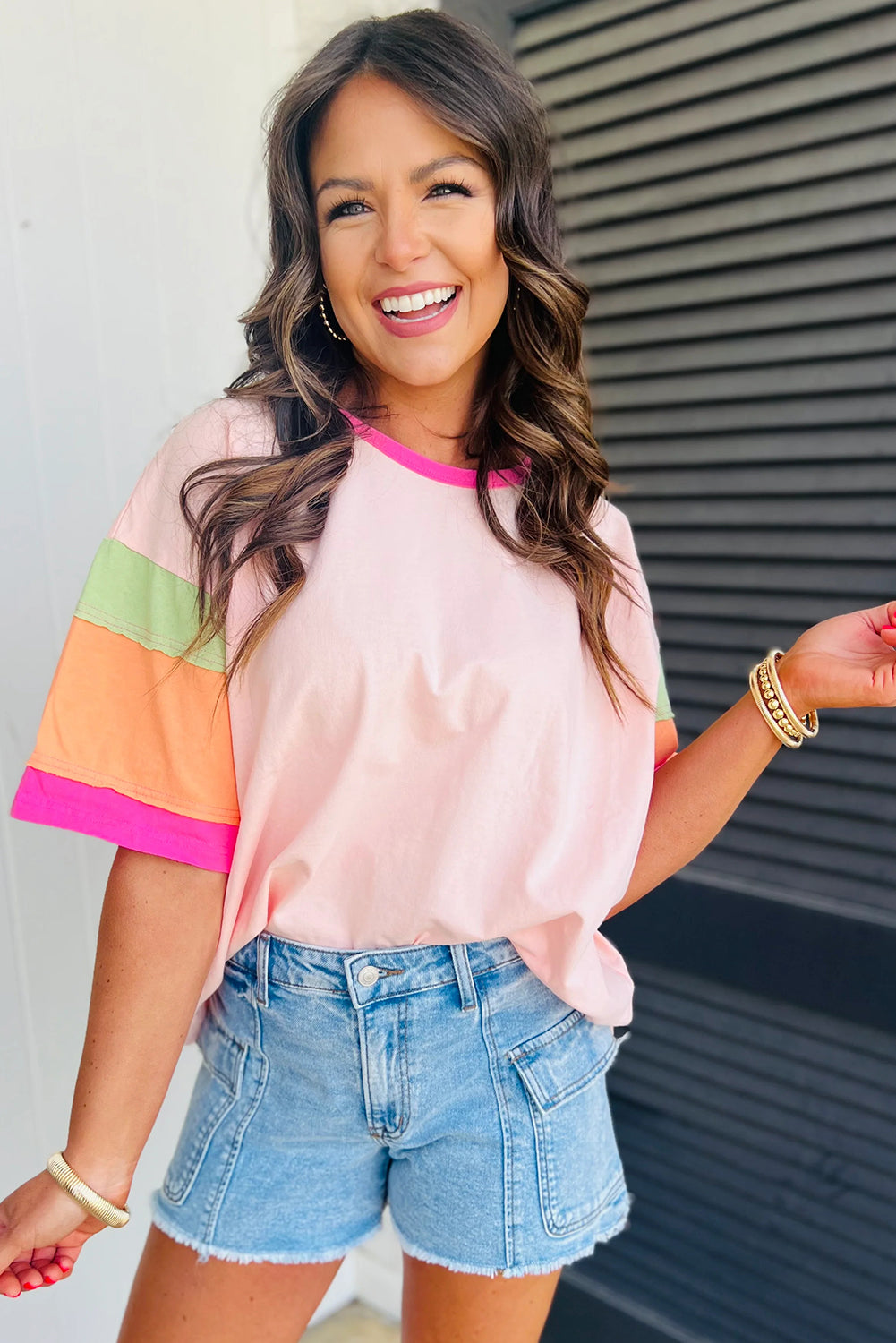 Pink Color Block Sleeve Round Neck Oversize Top