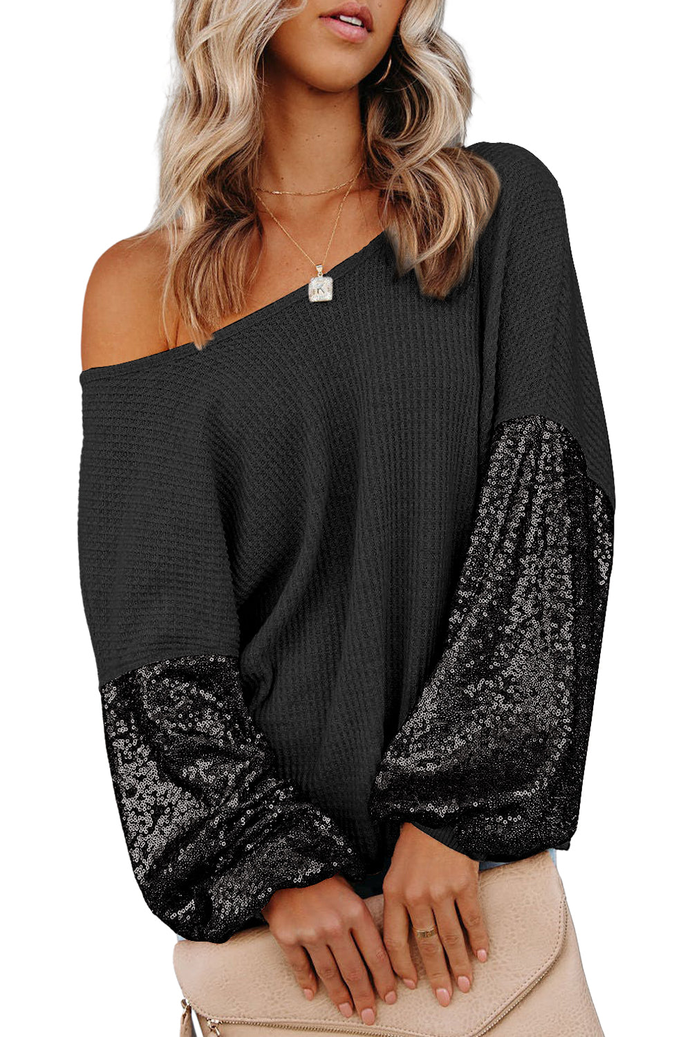 Black Cross Backless Sequin Bishop Sleeve Top