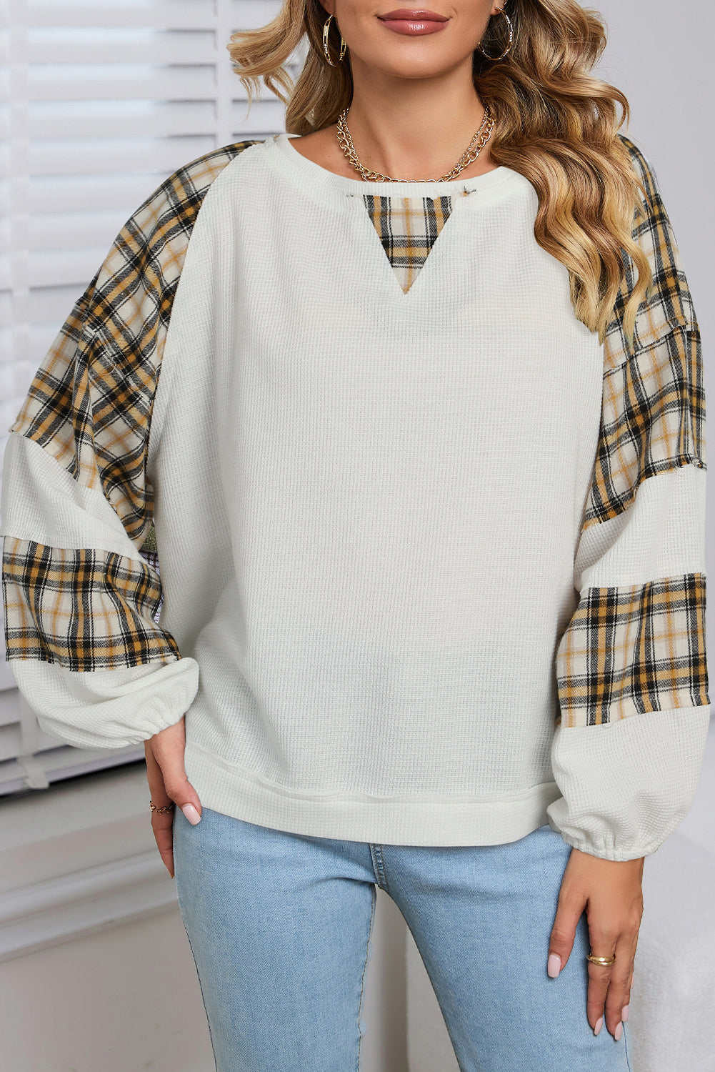 Green Plaid Patch Waffle Knit Long Sleeve Top