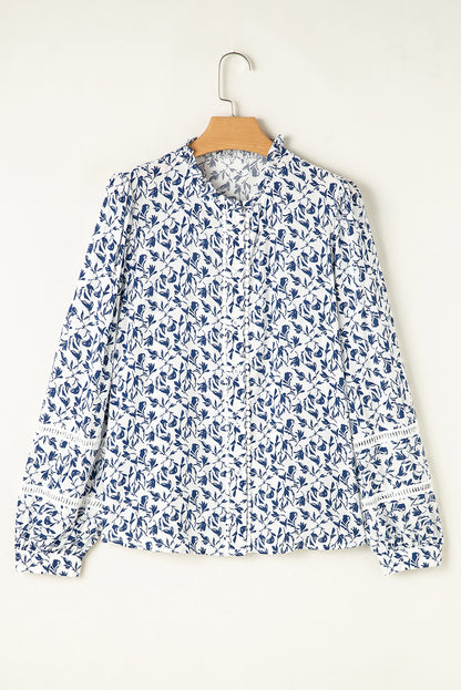 Khaki Printed Floral Print Lace Detail Puff Sleeve Shirt