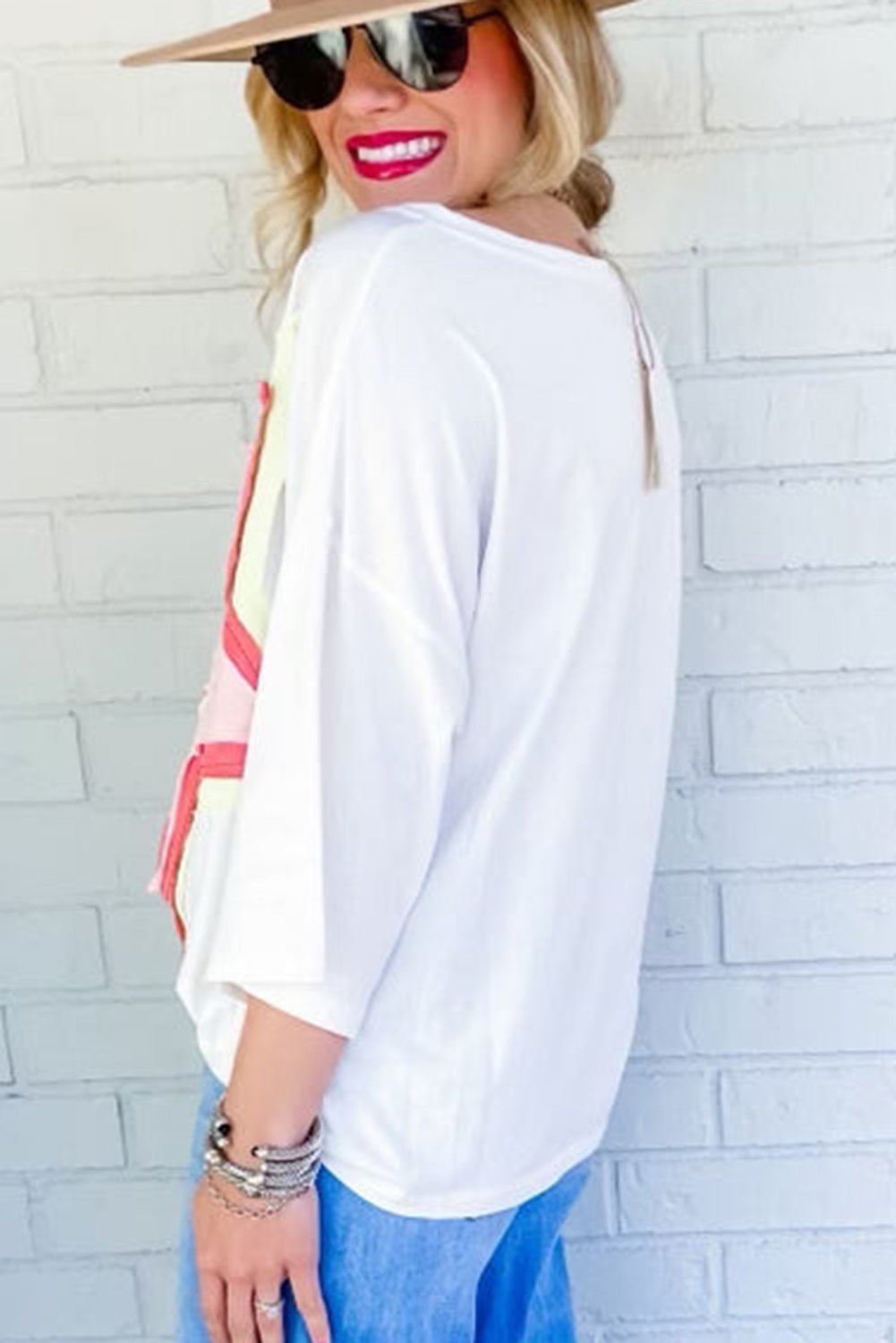 Light Pink Colorblock Star Patched Half Sleeve Oversized Tee