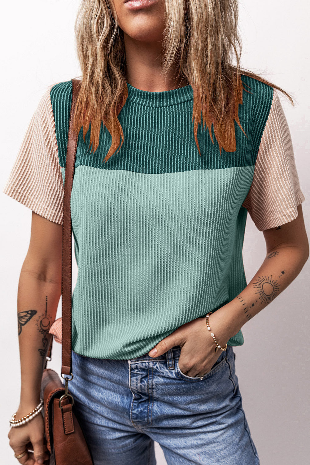 Black Rib Textured Colorblock Round Neck T Shirt