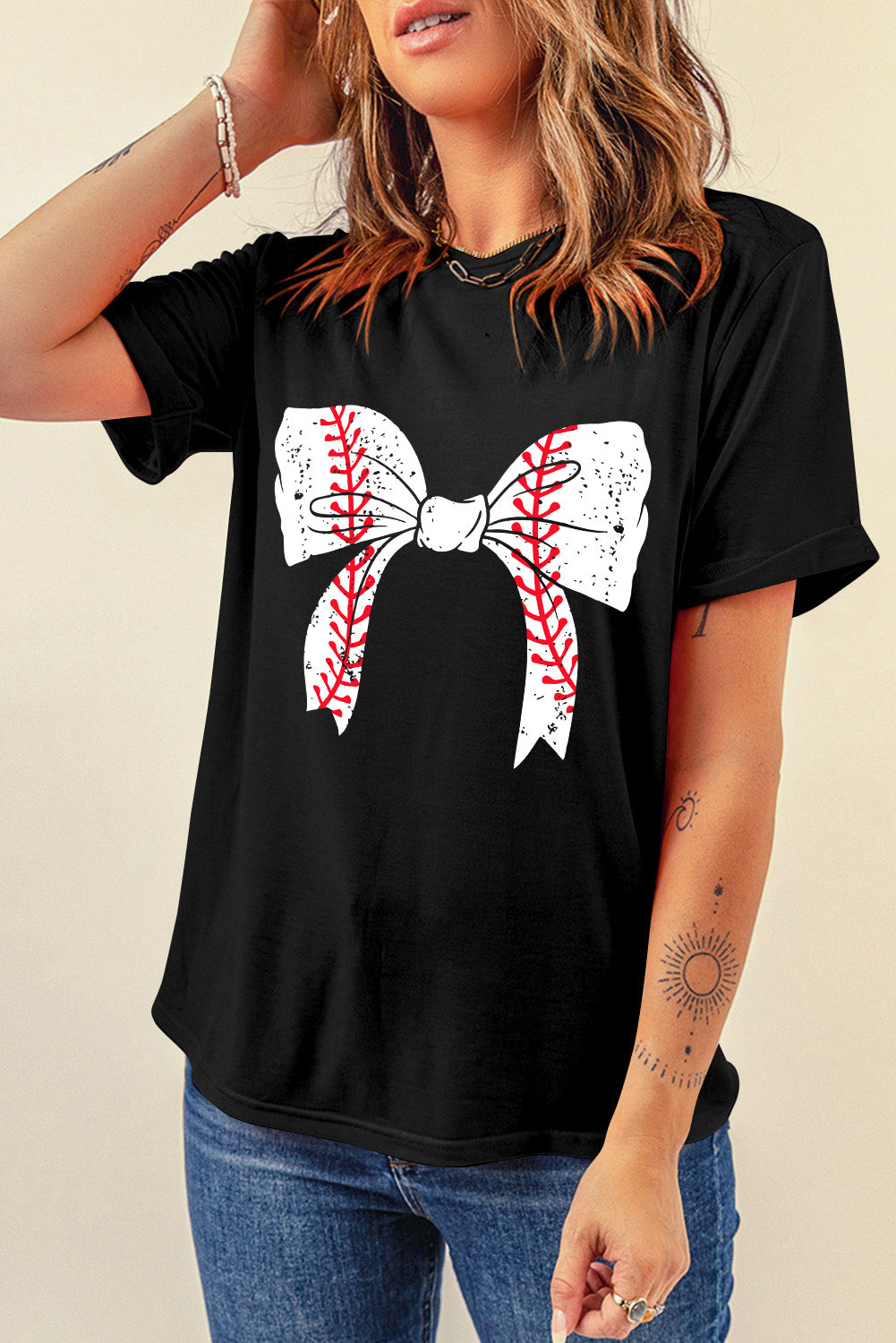 Black Baseball Bowknot Graphic Roll Up Sleeve Tee