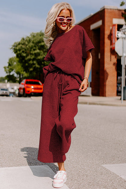 Apricot Textured Loose Fit T Shirt and Drawstring Pants Set