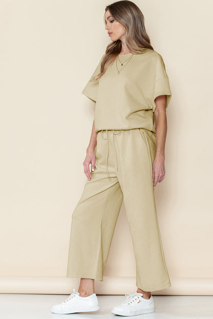 Apricot Textured Loose Fit T Shirt and Drawstring Pants Set