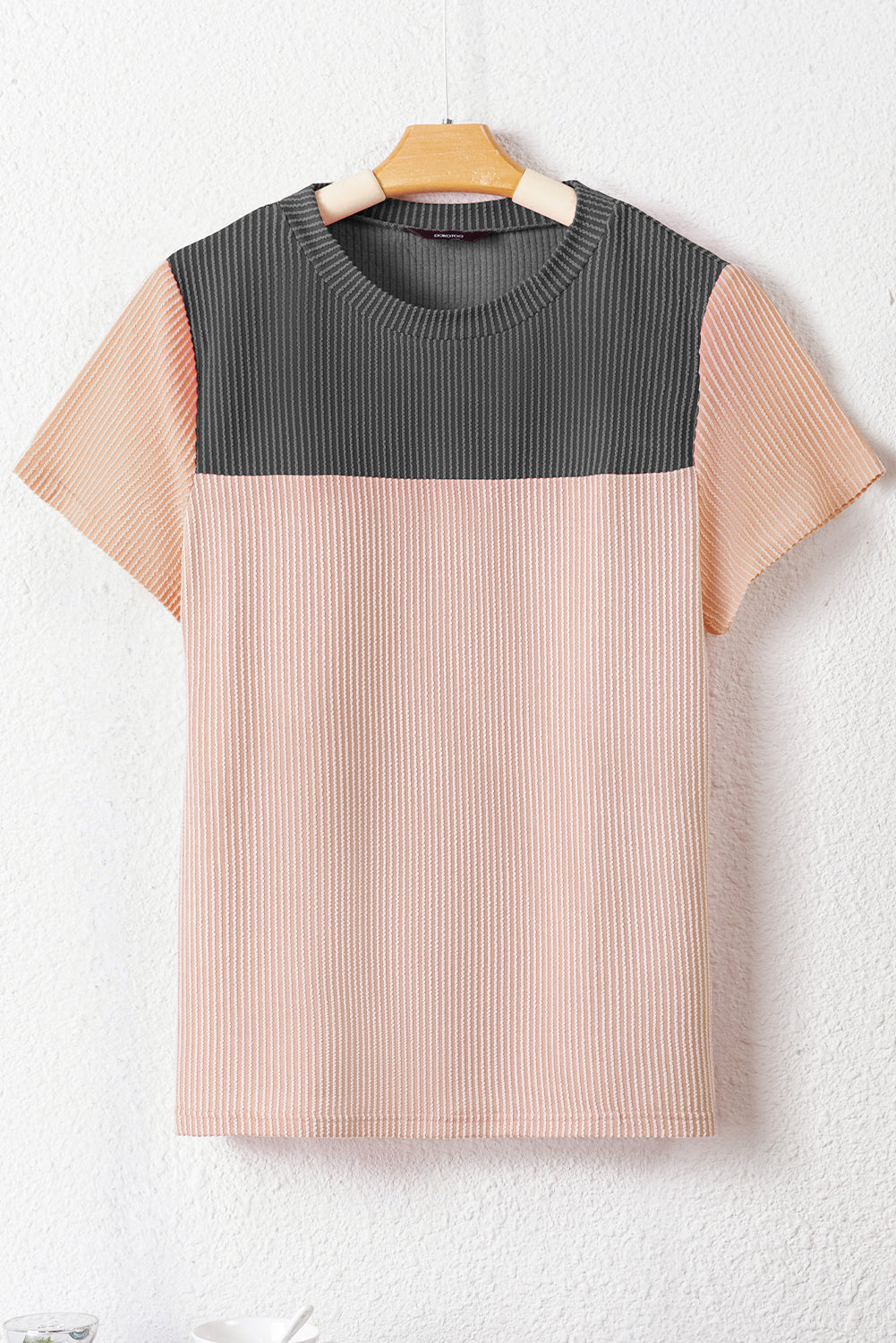 Black Rib Textured Colorblock Round Neck T Shirt