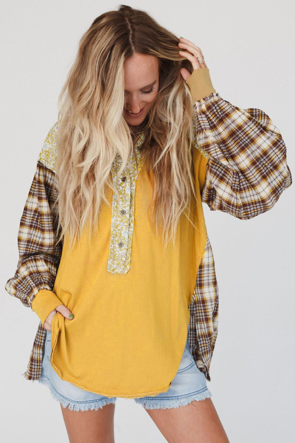 Yellow Floral Plaid Mixed Print Bishop Sleeve Patchwork Top