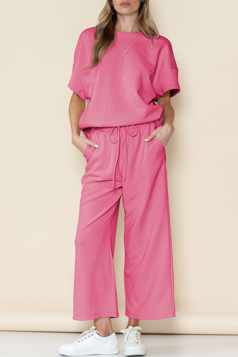 Apricot Textured Loose Fit T Shirt and Drawstring Pants Set