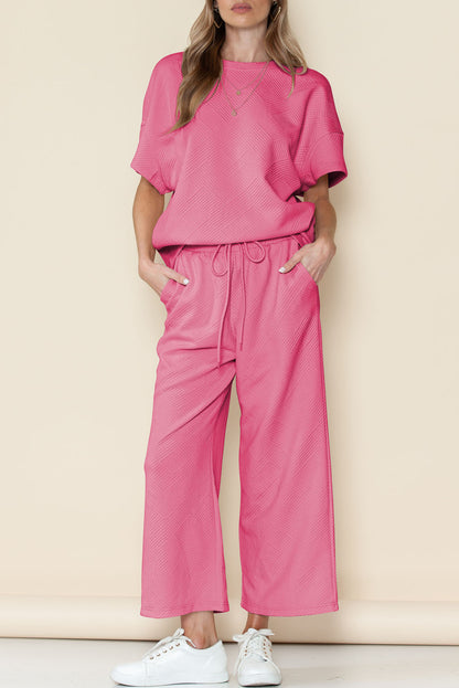 Apricot Textured Loose Fit T Shirt and Drawstring Pants Set