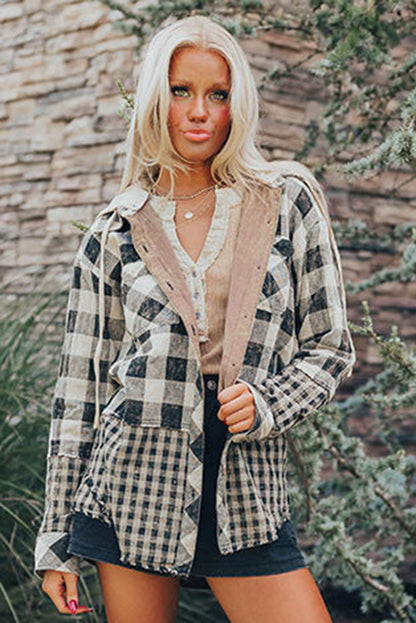 Black Plaid Patchwork Drawstring Hooded Raw Hem Shacket