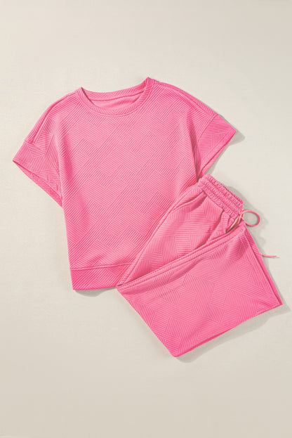 Apricot Textured Loose Fit T Shirt and Drawstring Pants Set