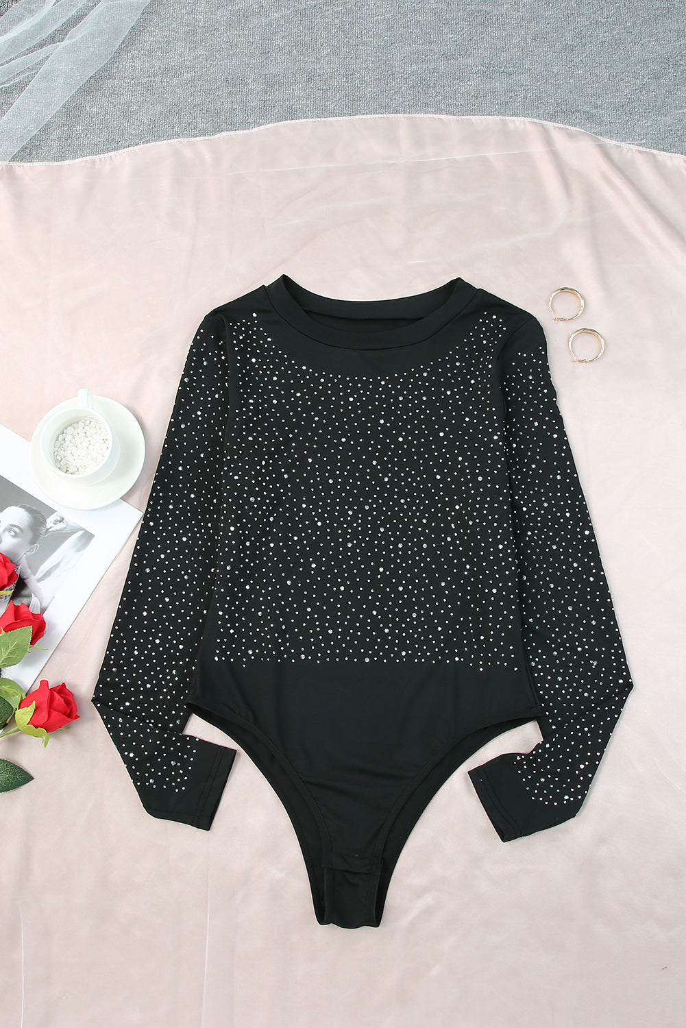 Green Rhinestone Casual Slim Fit Long Sleeve Bodysuit