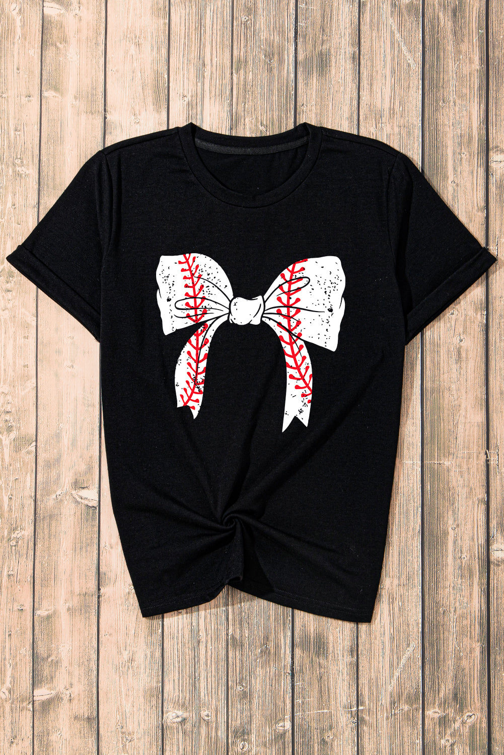 Black Baseball Bowknot Graphic Roll Up Sleeve Tee