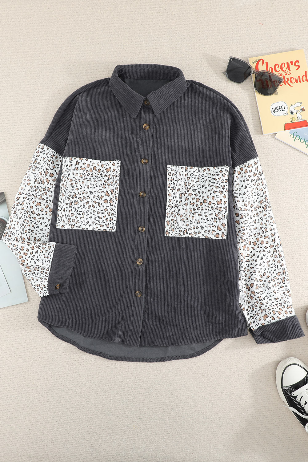 Grey Leopard Patchwork Casual Buttoned Corduroy Shirt Shacket